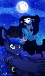  2016 alicorn american_opossum blue_eyes blue_theme crown duo equid equine female feral friendship_is_magic glowing hasbro headgear hi_res horn inuhoshi-to-darkpen jewelry magic mammal marsupial moon my_little_pony mythological_creature mythological_equine mythology necklace night princess_luna_(mlp) sparkles tiberius_(mlp) virginia_opossum wings 