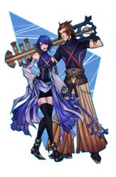  1boy aqua_(kingdom_hearts) arm_around_waist armor bare_shoulders bike_shorts blue_hair brown_hair couple detached_sleeves emblem female highres huge_weapon keyblade kingdom_hearts kingdom_hearts_birth_by_sleep robasarel short_hair smile spiked_hair strap terra_(kingdom_hearts) thighhighs weapon 