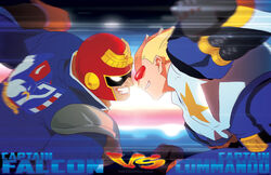  2boys battle belt blonde_hair capcom captain_commando captain_commando_(character) captain_falcon crossover emblem epic f-zero fighting_stance gloves glowing glowing_eyes helmet jeffrey_cruz lens_flare looking_at_another multiple_boys nintendo smile smirk speed_lines sunglasses 