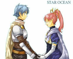  1boy blue_eyes blue_hair breasts female gloves long_hair millie_chliette open_mouth pink_hair pointy_ears ponytail roddick_farrence short_hair smile star_ocean star_ocean_first_departure 