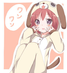  akaza_akari animal_costume commentary_request dog_costume female kou89 looking_at_viewer pajamas purple_eyes red_hair sitting solo yuru_yuri 