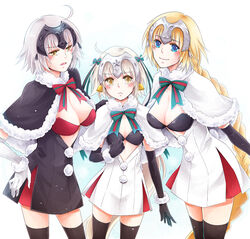  3girls absurdly_long_hair ahoge alternate_color bell bikini bikini_top_only black_bikini black_dress black_gloves black_thighhighs blonde_hair blue_eyes blush bow braid breasts capelet cleavage commentary cosplay dress elbow_gloves fate/grand_order fate_(series) frown fur-trimmed_capelet fur-trimmed_gloves fur_trim gloves green_ribbons grey_hair hair_ribbon hand_on_another&#039;s_cheek hand_on_another&#039;s_face hand_on_own_hip headpiece jeanne_d&#039;arc_(fate) jeanne_d&#039;arc_(ruler)_(fate) jeanne_d&#039;arc_alter_(avenger)_(fate) jeanne_d&#039;arc_alter_(fate) jeanne_d&#039;arc_alter_santa_lily_(fate) jeanne_d&#039;arc_alter_santa_lily_(fate)_(cosplay) large_breasts long_hair looking_at_viewer matching_outfits mizuyouhi multiple_girls multiple_persona red_bikini red_ribbon ribbon short_dress single_braid small_breasts smile striped striped_bow striped_ribbon swimsuit thighhighs very_long_hair white_dress white_gloves yellow_eyes zettai_ryouiki 