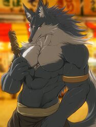  2018 3:4 abs absurd_res anthro biceps canid canine canis clothed clothing fur hair hi_res long_hair male mammal muscular muscular_anthro muscular_male pecs sega shining_(sega) shining_tears solo topless volg_(shining) wolf zex 