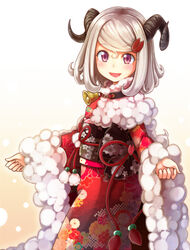  2015 bell brown_hair collar commentary_request dararito female hair_ornament hairclip horns japanese_clothes kimono original purple_eyes sheep_horns short_hair smile solo white_background 