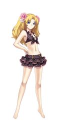  absurdres armpits atelier_(series) barefoot bikini bikini_top_only black_bikini blonde_hair blue_eyes commentary cross_edge feet female flat_chest flower frilled_bikini frills front-tie_top full_body hand_on_own_hip highres hirano_katsuyuki liliane_vehlendorf long_hair long_legs mana_khemia_(series) mana_khemia_2 navel official_art pink_flower pink_rose rose simple_background skirt solo standing swimsuit white_background white_flower white_rose 