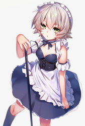  :o alternate_costume apron apron_tug ayamori_mimi bad_id bad_pixiv_id bare_shoulders black_bow black_choker black_ribbon blue_dress blue_socks bow breasts broom choker collarbone commentary_request corset detached_sleeves dress enmaided fate/apocrypha fate_(series) female frilled_apron frilled_choker frills from_above green_eyes grey_hair hair_between_eyes hand_up highres jack_the_ripper_(fate/apocrypha) kneehighs looking_at_viewer maid maid_headdress no_tattoo puffy_short_sleeves puffy_sleeves ribbon ribbon_choker scar scar_across_eye scar_on_cheek scar_on_face shiny_skin short_dress short_hair short_sleeves simple_background small_breasts socks solo standing waist_apron white_apron white_background white_choker 