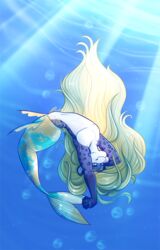  2017 ambiguous_gender anthro blue_body blue_fur bubble cupcakecreature day felid fish_tail fur hair hybrid leopard light light_beam long_hair mammal marine merfolk navel nude pantherine pose solo split_form stretching underwater upside-down water whiskers 