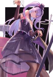  absurdres ajax_(azur_lane) ajax_(party_queen)_(azur_lane) alcohol arm_up azur_lane bare_shoulders black_bow black_dress black_footwear black_hat blush bow breasts bridal_gauntlets brown_pantyhose cannon commentary_request crossed_legs cup dress drinking_glass female floating_hair flower gore_(white_gore) hairbow hat hat_flower head_tilt high_heels highres holding holding_cup long_hair long_sleeves low_neckline mini_hat mini_top_hat official_alternate_costume pantyhose pouring purple_eyes purple_flower purple_hair purple_rose rose see-through shoes skirt_hold small_breasts smile stairs standing strapless strapless_dress striped_clothes striped_headwear table tilted_headwear top_hat tsurime two_side_up vertical-striped_clothes vertical-striped_headwear very_long_hair wine wine_glass 