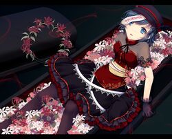  black_hair black_pantyhose blue_eyes blue_hair cetera coffin commentary_request corset dress efs feathers female hat jiangshi lying miyako_yoshika obi ofuda pantyhose sash short_hair skirt solo touhou 