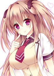  bad_id bad_pixiv_id blush borrowed_character breasts brown_hair buttons cassini_m_bisuko female finger_to_mouth hair_intakes large_breasts long_hair looking_at_viewer original puffy_short_sleeves puffy_sleeves purple_eyes school_uniform short_sleeves solo sorai_shin&#039;ya tareme two_side_up upper_body 