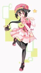  animal_ears bad_link black_thighhighs cat_ears copyright_request female full_body gem hat leg_up looking_at_viewer open_mouth pointing red_eyes shoes simple_background solo standing standing_on_one_leg star_(symbol) tareme teeth thighhighs white_background xin_yu_hua_yin 