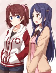  2girls :d absurdres bad_id bad_pixiv_id black_legwear black_shirt blue_eyes blue_shorts brown_eyes brown_hair brown_jacket closed_mouth collarbone dress eye_contact hair_between_eyes hair_ornament hair_scrunchie hairclip high_school_fleet highres jacket kapatarou long_hair looking_at_another looking_to_the_side marikouji_kaede multiple_girls ogasawara_hikari open_mouth pantyhose pink_dress pink_scrunchie purple_hair scrunchie shirt short_shorts shorts smile standing two_side_up very_long_hair white_jacket 