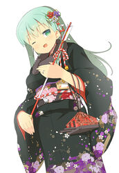  alternate_costume arrow_(projectile) black_kimono commentary_request female floral_print green_eyes green_hair hair_ornament japanese_clothes jewelry kantai_collection kimono long_hair looking_at_viewer obi one_eye_closed ooide_chousuke open_mouth photoshop_(medium) ring sash simple_background solo suzuya_(kancolle) wedding_ring white_background 