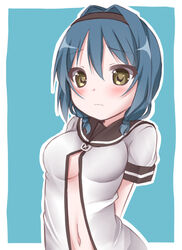  arms_behind_back bad_id bad_pixiv_id blue_background blue_hair blush breasts brown_eyes female furutani_himawari hairband kou89 looking_at_viewer medium_breasts nanamori_school_uniform navel open_clothes open_shirt school_uniform serafuku shirt solo wavy_mouth yuru_yuri 