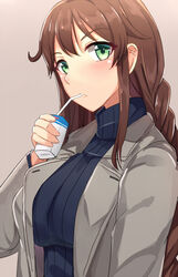  alternate_costume blue_eyes blue_sweater blush braid breasts brown_hair carton casual commentary_request drinking drinking_straw drinking_straw_in_mouth female green_eyes grey_jacket holding jacket juice_box kantai_collection large_breasts long_hair long_sleeves looking_at_viewer noshiro_(kancolle) open_clothes open_jacket ribbed_sweater shin&#039;yashiki sidelocks solo sweater swept_bangs twin_braids upper_body 