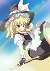  blonde_hair blush broom broom_riding brown_eyes commentary_request female hat kirisame_marisa long_hair miracle_(miracle1980) sidesaddle solo touhou witch_hat 