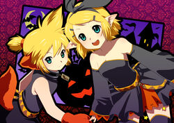  1boy bare_shoulders bat_(animal) blonde_hair bow brother_and_sister commentary_request detached_sleeves female green_eyes hairbow halloween kagamine_len kagamine_rin open_mouth pointy_ears siblings tail ten_(kisako) thighhighs twins vocaloid 