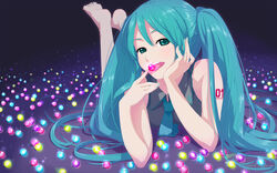  aqua_eyes aqua_hair aqua_nails barefoot blurry candy depth_of_field feet female food hands hatsune_miku head_rest highres licking long_hair lying mikumix nail_polish naughty_face necktie on_stomach open_mouth photoshop_(medium) smile solo the_pose tongue twintails vocaloid watermark yachiwo 