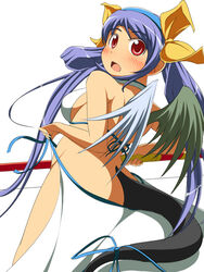  asymmetrical_wings blue_hair breasts commentary_request cosplay dizzy_(guilty_gear) dressing female guilty_gear large_breasts looking_back majikina_mina majikina_mina_(cosplay) mirano photoshop_(medium) red_eyes ribbon samurai_spirits sideboob solo tail tail_ornament tail_ribbon wings 