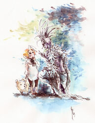  2boys aged_down ahoge axis_powers_hetalia bear blonde_hair canada_(hetalia) curly_hair fairy kumajirou_(hetalia) lolicon male_focus multiple_boys nightgown painting_(medium) polar_bear spirit squatting thumb_sucking traditional_media watercolor_(medium) yi-wen_leow 