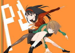  2girls amagi_yukiko black_hair brown_hair commentary_request fighting_stance ghost-q hairband jacket multiple_girls pantyhose persona persona_4 photoshop_(medium) satonaka_chie school_uniform skirt 