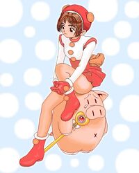  animal artist_request blush boots brown_eyes brown_hair female full_body gouketsuji_ichizoku hananokouji_kurara knee_boots knee_up long_sleeves oekaki pig polka_dot polka_dot_background pom_pom_(clothes) short_hair simple_background sitting solo thighs 