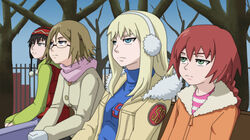  4girls badge bare_tree black_hair blonde_hair blue_eyes braid buttons closed_mouth clothes_writing commentary_request darker_than_black day earmuffs elena_(darker_than_black) fence frown fur_trim gaijin_4koma_(meme) glasses green_eyes half-closed_eyes hat hood hood_down hooded_jacket jacket jigoku_inu lineup long_hair long_sleeves looking_away meme mittens multiple_girls open_clothes open_jacket pants parody photoshop_(medium) pom_pom_(clothes) red_hair rimless_eyewear sascha_(darker_than_black) scarf short_hair sitting sky striped suou_pavlichenko sweater tanya_(darker_than_black) tree turtleneck vest winter_clothes zipper 