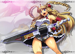  blonde_hair blue_eyes breasts commentary_request female gloves gunlance highres large_breasts legs long_hair neige_hausen no_panties photoshop_(medium) pointy_ears sangekimaru solo super_robot_wars super_robot_wars_og_saga_mugen_no_frontier super_robot_wars_og_saga_mugen_no_frontier_exceed 