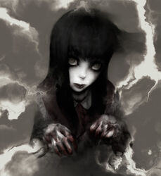  black_hair blood commentary_request fatal_frame fatal_frame_4 female genk grey_eyes haibara_ayako highres horror_(theme) ice lips lolicon long_hair pale_skin solo 