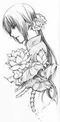  axis_powers_hetalia bone commentary_request female flower greyscale hair_flower hair_ornament long_hair lotus monochrome photoshop_(medium) ponytail scan scan_artifacts solo spine sweetcrescent traditional_media vietnam_(hetalia) vietnamese_dress 