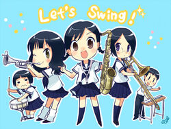  5girls bad_id bad_pixiv_id character_request chibi coriinu drum instrument keyboard_(instrument) multiple_girls saxophone school_uniform sekiguchi_kaori swing_girls tenor_saxophone trombone trumpet 