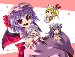  4girls :d ^_^ blonde_hair blush chibi closed_eyes commentary_request crescent crescent_hat_ornament dress flandre_scarlet hat hat_ornament hug izayoi_sakuya light_purple_hair looking_at_viewer mob_cap multiple_girls open_mouth patchouli_knowledge pink_dress rando_seru red_eyes remilia_scarlet size_difference smile swimsuit touhou 