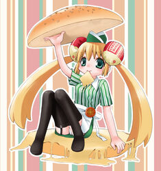  blonde_hair bun_cover burger cheese double_bun female food food-themed_clothes food_as_clothes garter_straps hair_bun hat in_food mini_person minigirl mouth_hold original panties pantyshot smile solo takamura_masaya thighhighs twintails underwear 