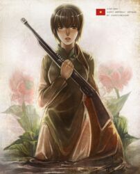  axis_powers_hetalia brown_eyes brown_hair commentary female flower gun lips long_hair lotus nose ponytail rifle solo sweetcrescent vietnam_(hetalia) vietnamese_dress vietnamese_flag wading water weapon 