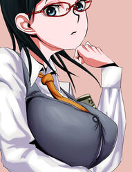  black_hair blue_eyes breasts commentary_request female gamma_ray_burst glasses kotozuka_fumie large_breasts necktie photoshop_(medium) solo sora_no_manimani 