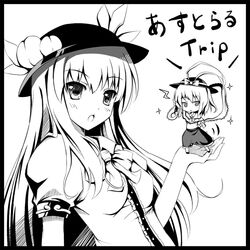  2girls :o arm_up black_border border chibi circle_cut electricity greyscale hand_on_own_hip hat hinanawi_tenshi index_finger_raised mini_person minigirl monochrome multiple_girls nagae_iku outstretched_arm photoshop_(medium) saturday_night_fever tomusooya touhou translated 