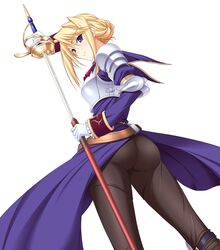  armor ass blonde_hair female gloves hair_bun highres jpeg_artifacts komori_kei princess_lover purple_eyes rapier sheath short_hair silvia_van_hossen single_hair_bun solo sword unsheathing weapon white_gloves 