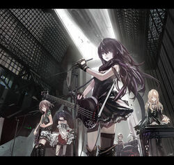  5girls aircraft akiyama_mio band bass_guitar bird black_footwear boots bow bowtie commentary_request detached_sleeves dirigible drum drum_set electric_guitar fingerless_gloves gloves guitar hangar heavy_metal highres hirasawa_yui instrument k-on! keyboard_(instrument) kotobuki_tsumugi led_zeppelin left-handed letterboxed lin+ long_hair long_sleeves microphone microphone_stand multiple_girls nakano_azusa single_thighhigh sleeveless tainaka_ritsu thigh_boots thighhighs twintails 