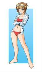  aqua_background barefoot bikini brown_hair commentary_request crossed_arms feet female fukuoka_katsumi goggles goggles_on_head green_eyes hood hoodie legs official_alternate_costume one_eye_closed red_bikini rita_mordio rita_mordio_(breezy_beach_girl) short_hair solo swimsuit tales_of_(series) tales_of_vesperia 