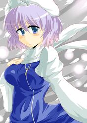  bad_id bad_pixiv_id blue_eyes blush breasts female hat highres large_breasts letty_whiterock light_purple_hair short_hair snow solo touhou wedge_(tyrl_stride) 