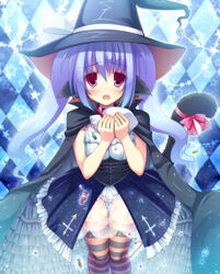  animal_ears bad_id bad_pixiv_id blue_hair blush bow candy candy_cane cape cat_ears commentary_request fangs female food futase_hikaru halloween hat highres original purple_hair solo striped_clothes striped_thighhighs tail thighhighs twintails witch_hat 