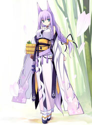  animal_ears aqua_eyes bare_shoulders belt braid breasts bucket cherry_blossoms commentary_request female fox_ears highres japanese_clothes kimono large_breasts light_purple_hair long_hair momoyama_tsutsune obi original outdoors petals photoshop_(medium) poco_(asahi_age) purple_hair sandals sash socks solo tassel twin_braids wide_sleeves 