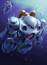  air_bubble armor bubble commentary_request diving gundam gundam_0080 hygogg mecha no_humans outdoors pink_eyes raybar robot underwater water z&#039;gok z&#039;gok-e 