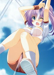  absurdres blue_eyes blush bra buruma clothes_lift copyright_request female gym_uniform highres ibuki_pon lingerie oerba_yun_fang one_eye_closed open_mouth ponytail purple_hair shirt_lift socks solo underwear white_bra 