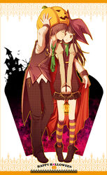  1boy brown_eyes brown_hair cape commentary_request couple dress female food_as_clothes halloween happy_halloween hat highres jack-o&#039;-lantern kazehaya_shouta kimi_ni_todoke kneehighs kuronuma_sawako lantern long_hair mashibaya photoshop_(medium) pumpkin socks straight striped_clothes striped_socks witch_hat 