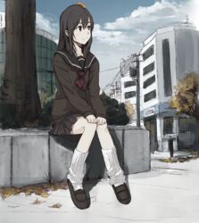  autumn black_hair brown_eyes city commentary_request female hands_on_own_knees highres knees_together_feet_apart leaf leaf_on_head long_hair loose_socks original outdoors partial_commentary school_uniform serafuku sitting sketch skirt smile socks solo tree under_tree white_socks yammy_(cellblo) 