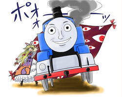  artistic_error blonde_hair commentary_request crossover female gap_(touhou) locomotive parody photoshop_(medium) solo steam_locomotive thomas_the_tank_engine thomas_the_tank_engine_(character) touhou train viva!! yakumo_yukari yin_yang you_gonna_get_raped 