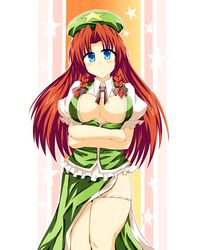  bad_id bad_pixiv_id blue_eyes blush braid breasts cleavage crossed_arms female hat highres hong_meiling large_breasts long_hair panties panty_pull red_hair solo thighs touhou twin_braids underwear wedge_(tyrl_stride) 