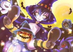  bad_id bad_pixiv_id bat_(animal) black_frost cape censored convenient_censoring female flat_chest full_moon halloween hat jack_frost_(megami_tensei) moon persona persona_4 pyro_jack sakurasawa_yukino shirogane_naoto short_hair socks striped_clothes striped_socks thighhighs witch_hat yellow_eyes 