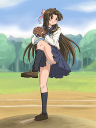  baseball_mitt brown_hair commentary_request female hair_ribbon lielos long_hair ogasawara_akiko panties pantyshot pitching ribbon school_uniform serafuku solo taishou_yakyuu_musume underwear 